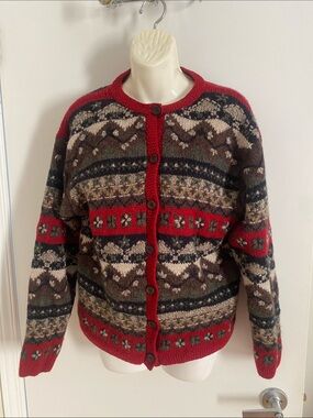 G.A.M 100% Wool FairIsle Botton-down Cardigan/Sweater Wine Red Accent Size Small